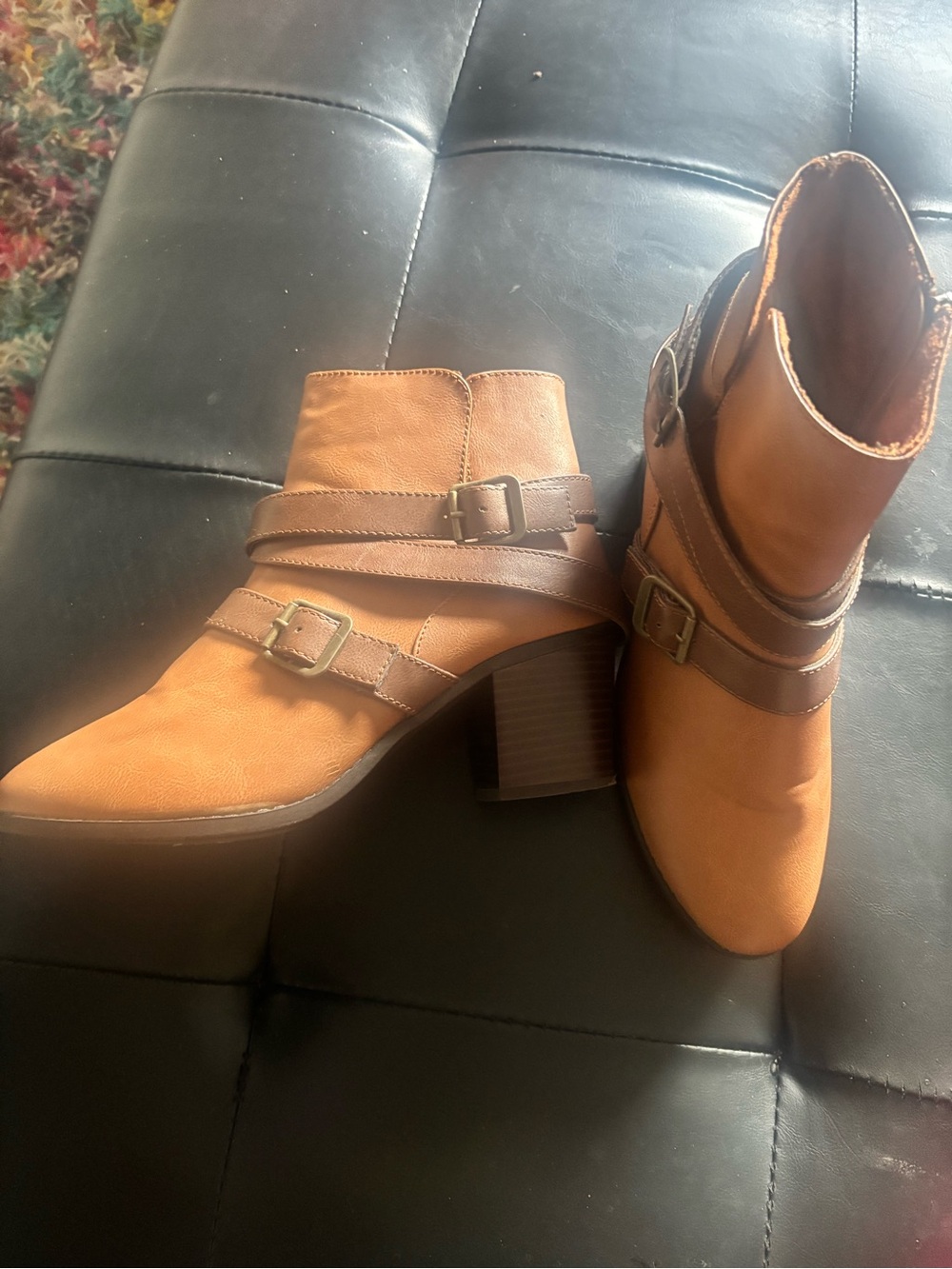 Women's Tan Buckle Strap Ankle Boots